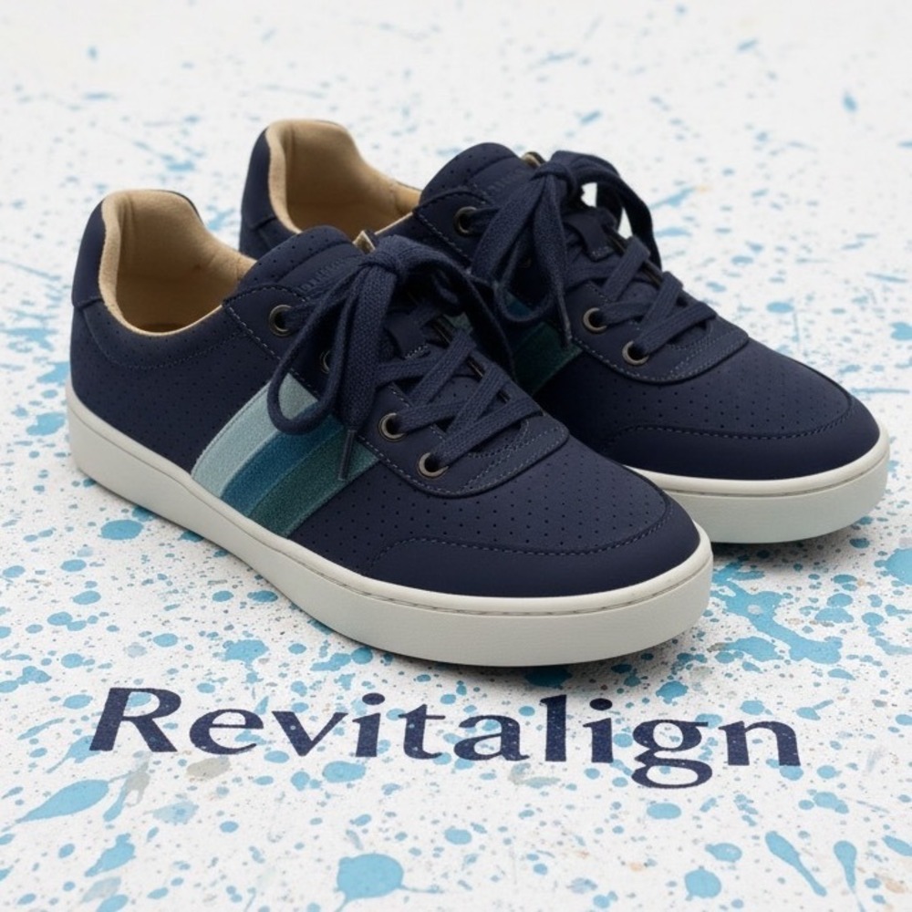 Revitalign Womens Navy Blue Perforated Velvet Stripe Sneakers Size 6.5 B